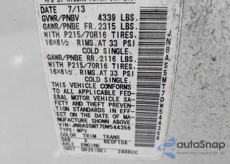 2013 Nissan Rogue S из США, поврежденный, VIN JN8AS5MT7DW544356